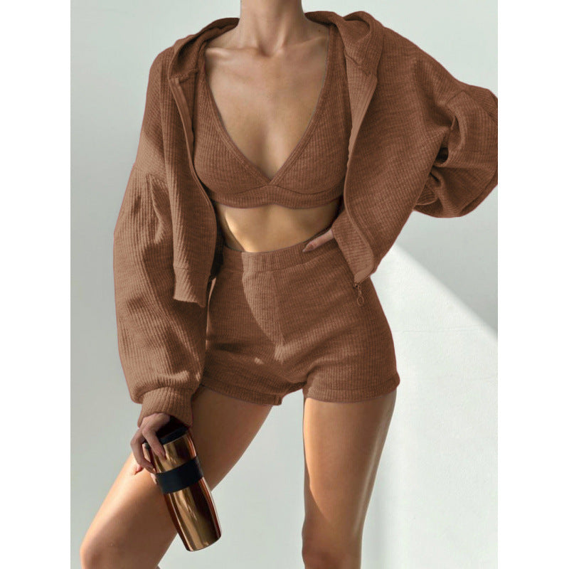 Waffle Knit Hoodie + V-Neck Bralette + Shorts Loungewear Three-Piece Set