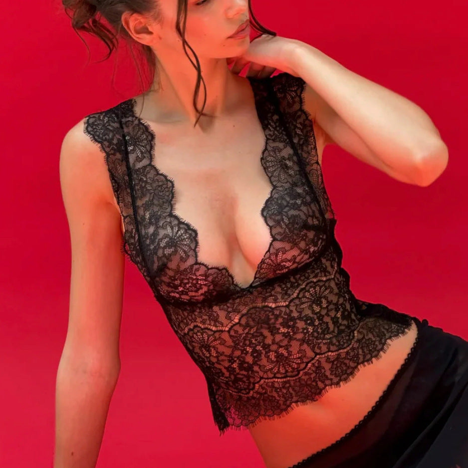 Black Lace Deep V-Neck Camisole