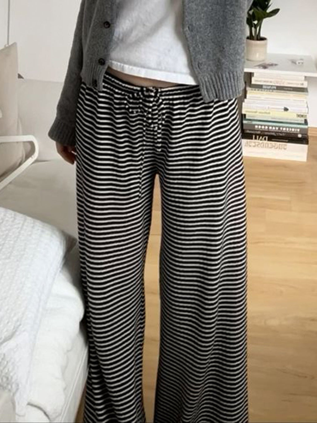 Striped Drawstring Casual Wide-Leg Pants