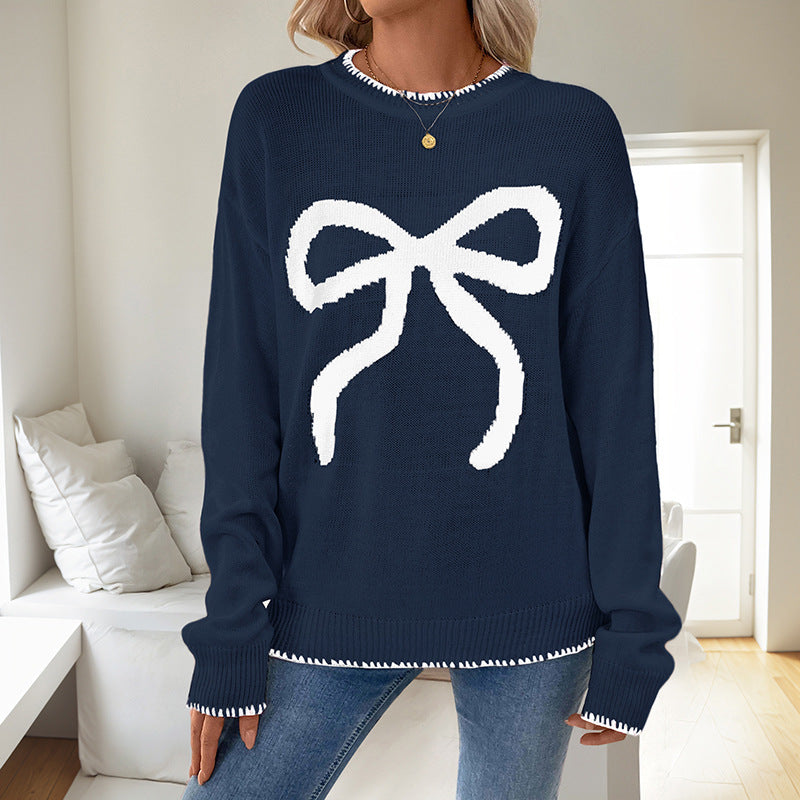 Red Bow Jacquard Crew Neck Oversized Knit Sweater