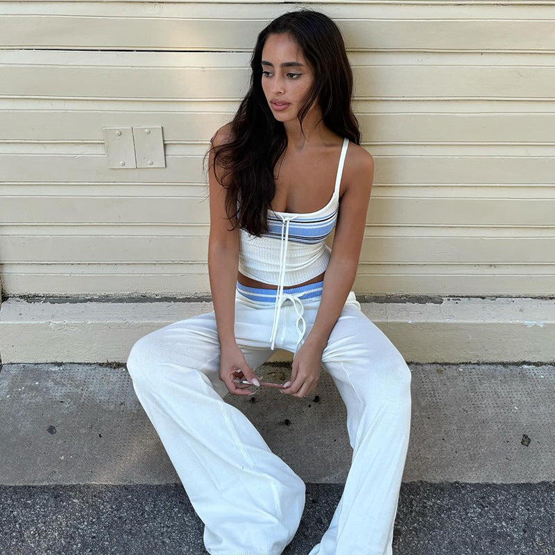 Bohemian Striped Color-Block Knit Cami & Wide-Leg Pants Set