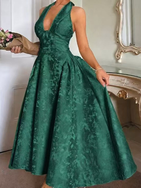 V-neck Halter Jacquard Dress Senior Evening Dress Spring/Summer Elegance Sleeveless Backless Waist Trimming Long Dress