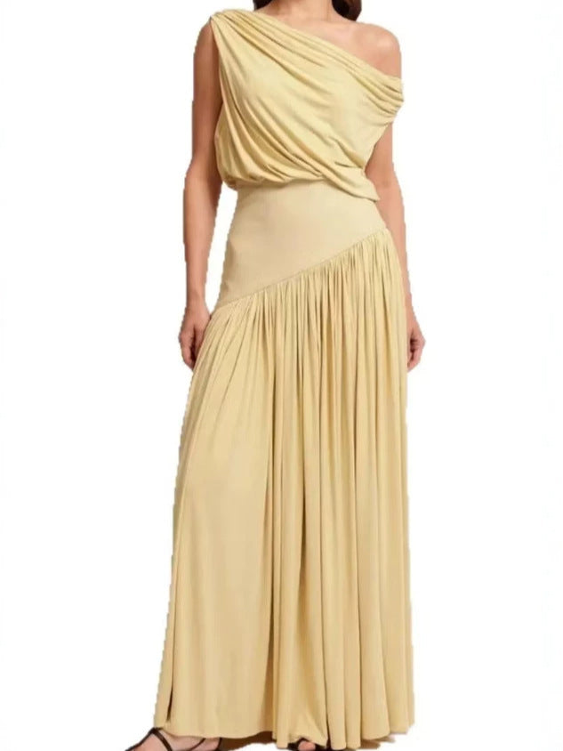 Irregular Diagonal Collar Pleated Solid Color Dress Seaside Dress