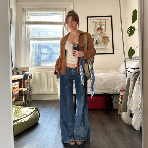 Bohemian Vintage High-Waisted Vertical Stitch Wide-Leg Jeans
