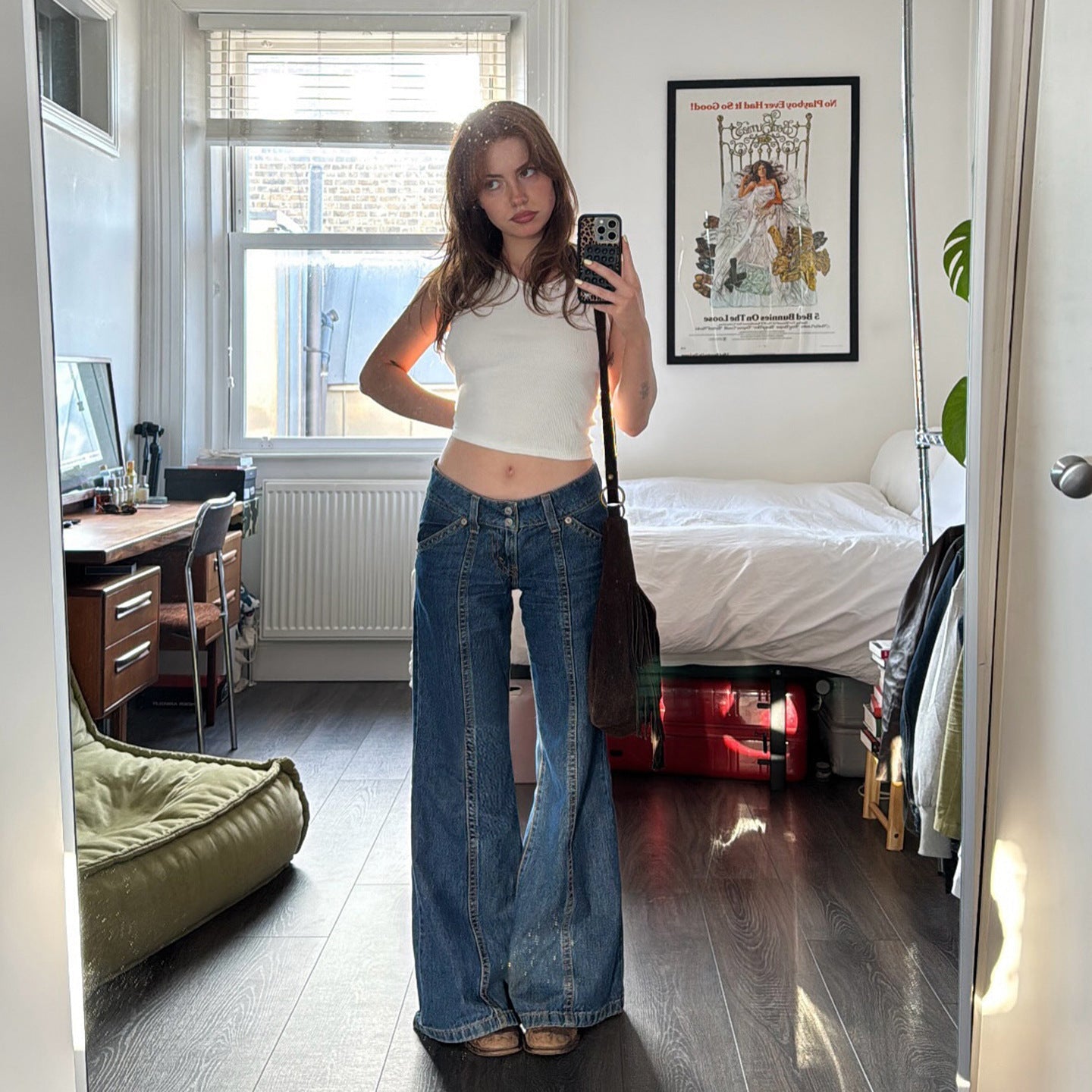 Bohemian Vintage High-Waisted Vertical Stitch Wide-Leg Jeans