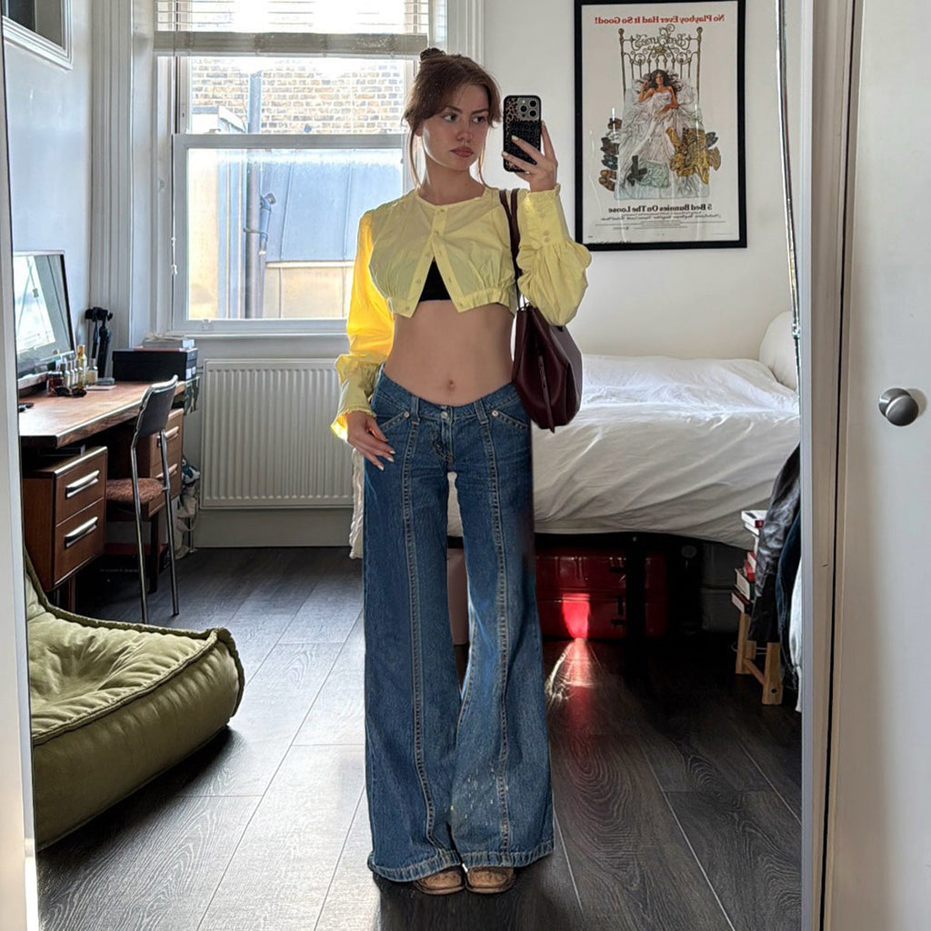 Bohemian Vintage High-Waisted Vertical Stitch Wide-Leg Jeans