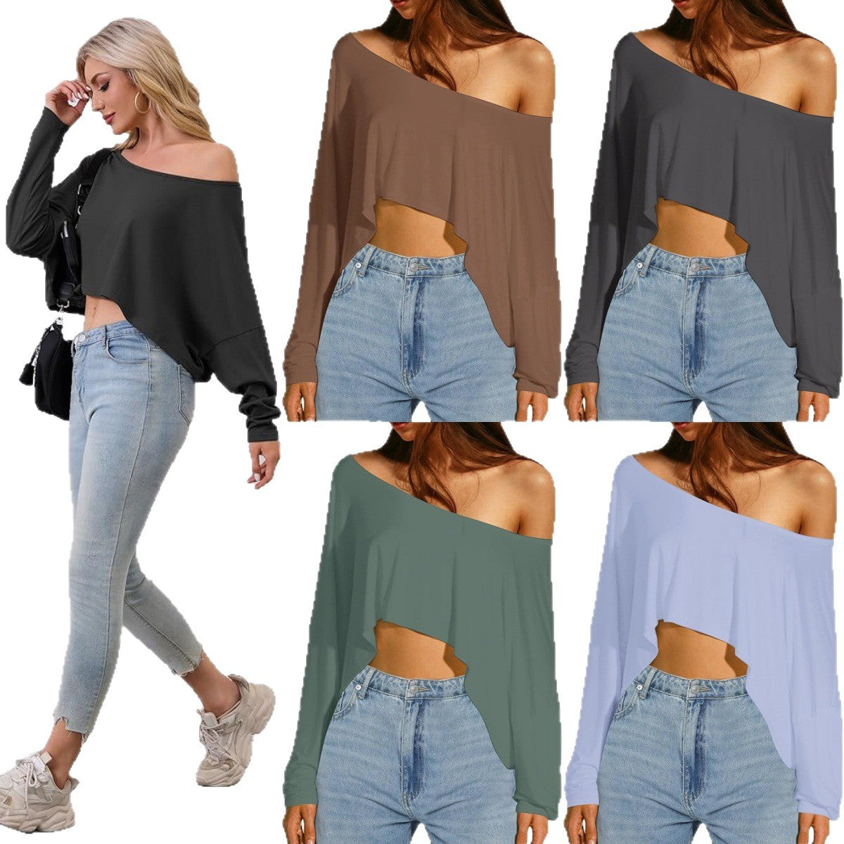 Boho Off-Shoulder Asymmetric Hem Long Sleeve Top Collection