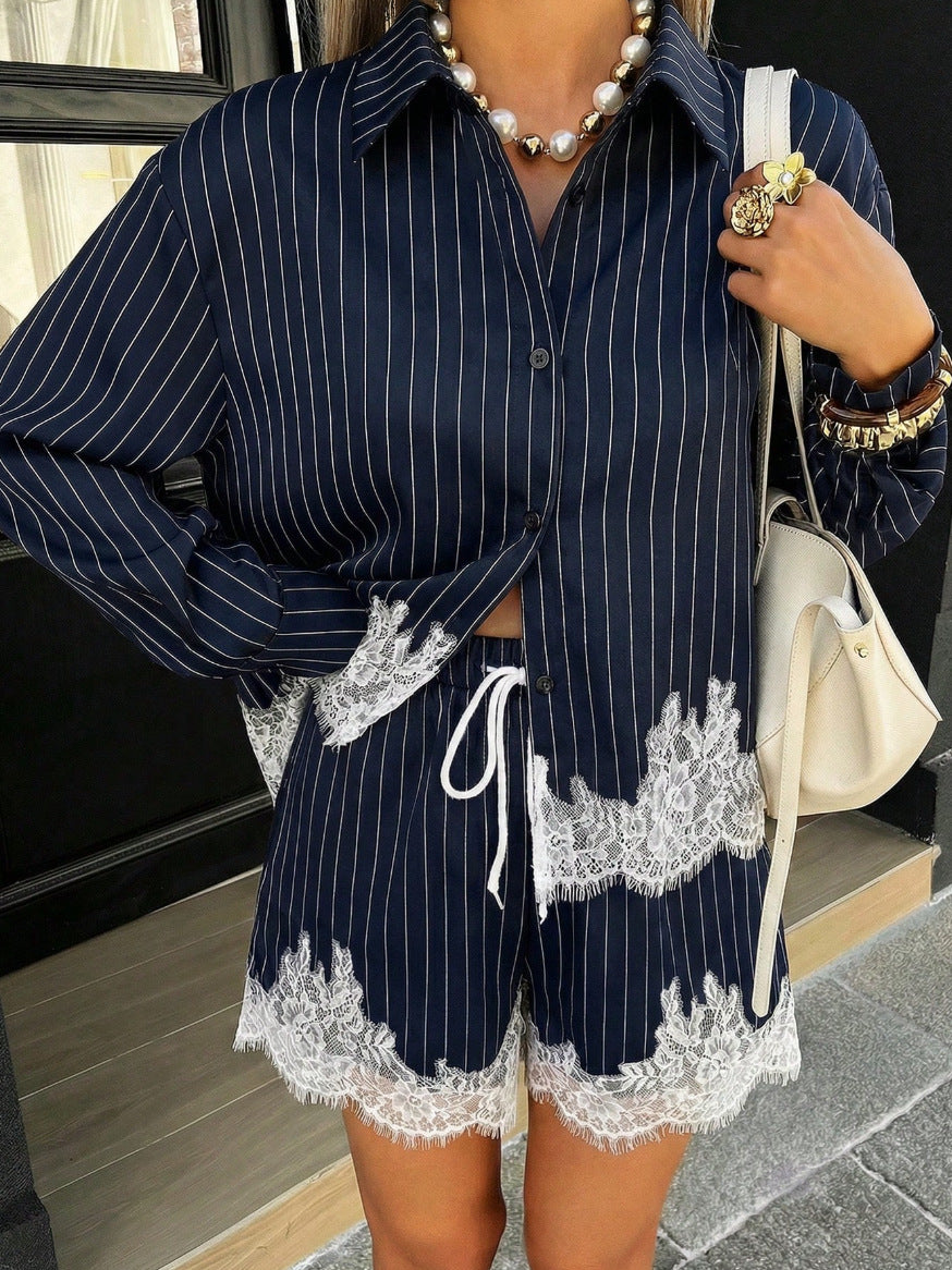 Lace Patchwork Stripes Shirt and Shorts Two-Piece Set
