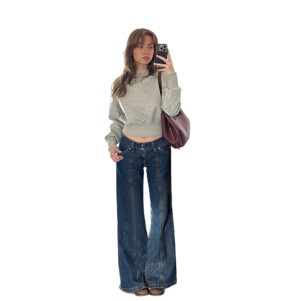 Bohemian Vintage High-Waisted Vertical Stitch Wide-Leg Jeans
