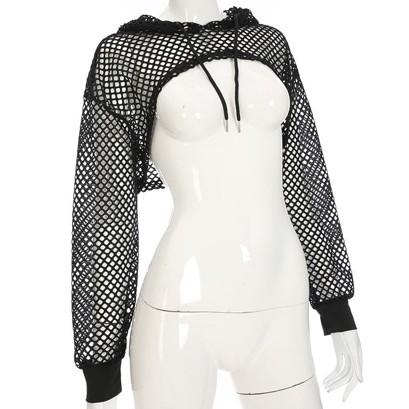 Bohemian Fishnet Mesh Cropped Hooded Cover-Up