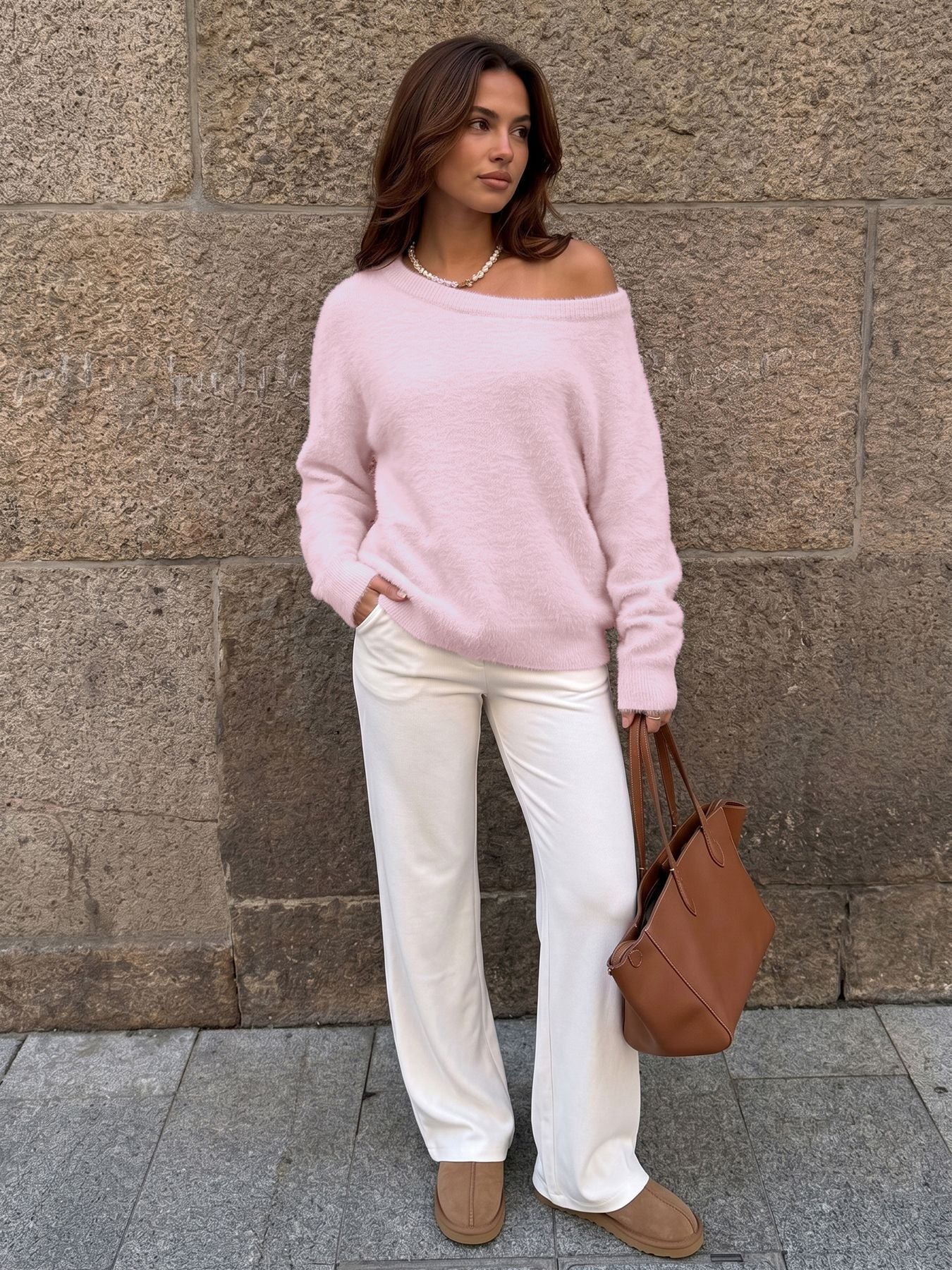 Off-Shoulder Fluffy Knit Oversized Sweater