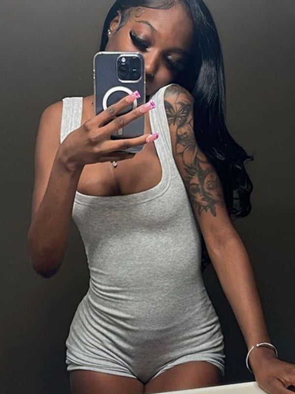 Square Neck Ribbed Form-Fitting Sleeveless Romper