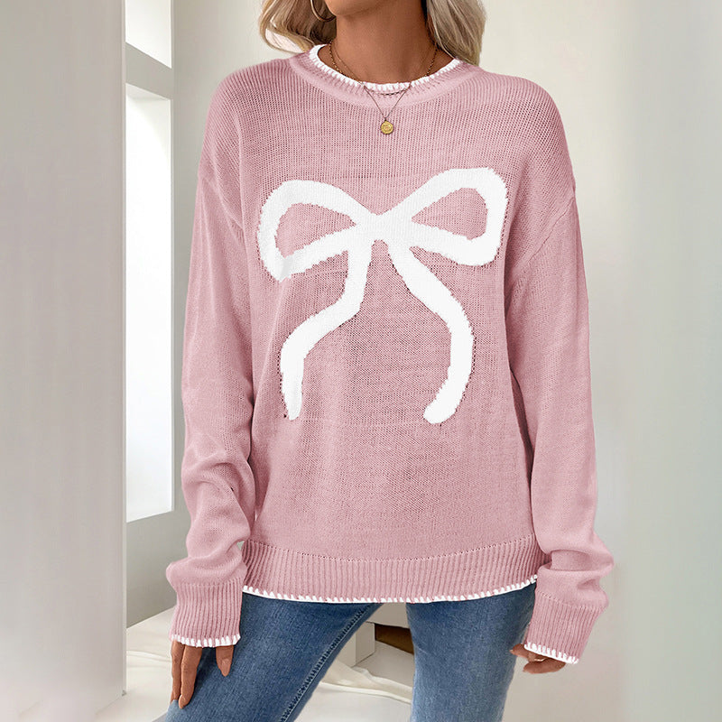 Red Bow Jacquard Crew Neck Oversized Knit Sweater