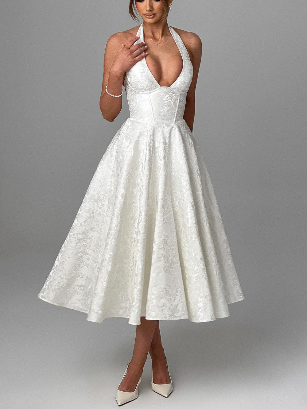 V-neck Halter Jacquard Dress Senior Evening Dress Spring/Summer Elegance Sleeveless Backless Waist Trimming Long Dress