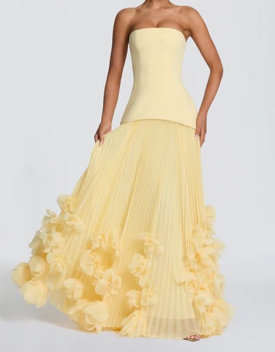 Burgundy strapless cinched waist tie pleated three-dimensional floral evening gown