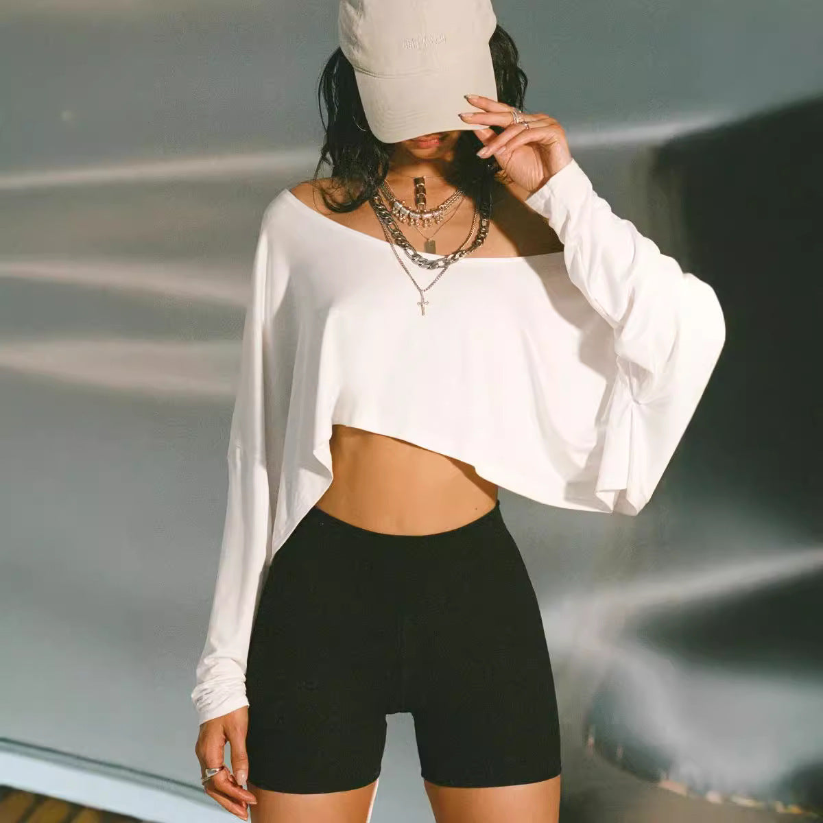 Boho Off-Shoulder Asymmetric Hem Long Sleeve Top Collection