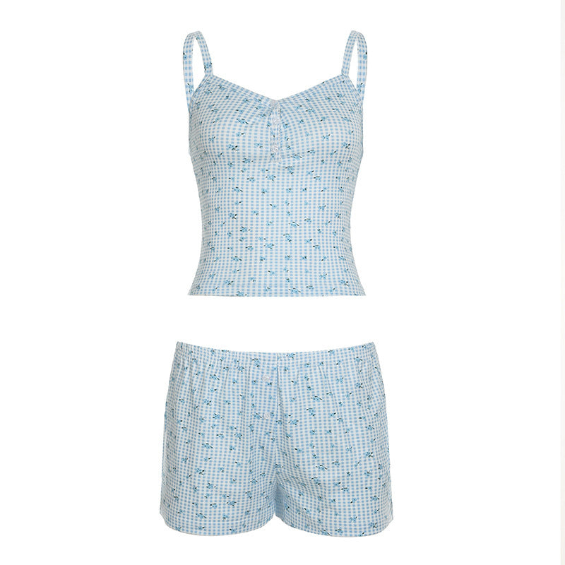 Boho Floral Gingham Lace Trim Cami & Shorts Loungewear Set