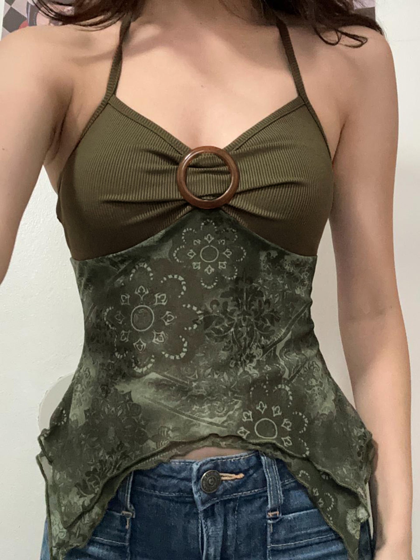Bohemian Vintage Print Halter Lace Cami Top