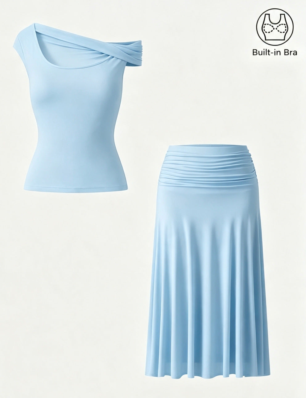 Women's Summer Slim Fit Pleated Skirt Set with Built-in Chest Pads and Off-Shoulder Design