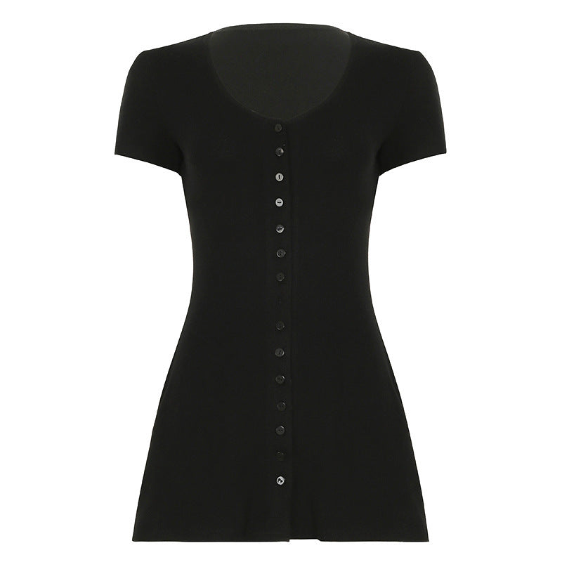 Boho V-Neck Button-Front Knit Bodycon Mini Dress