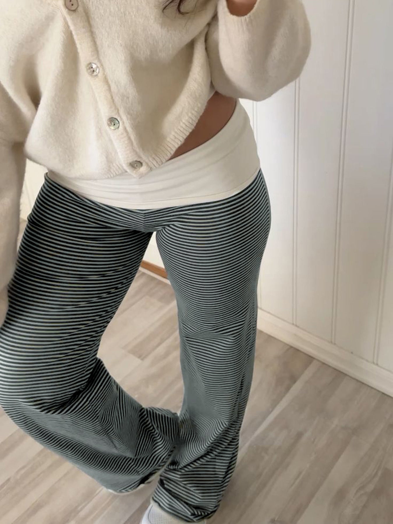Bohemian Striped Wide Waistband Flared Straight Leg Pants