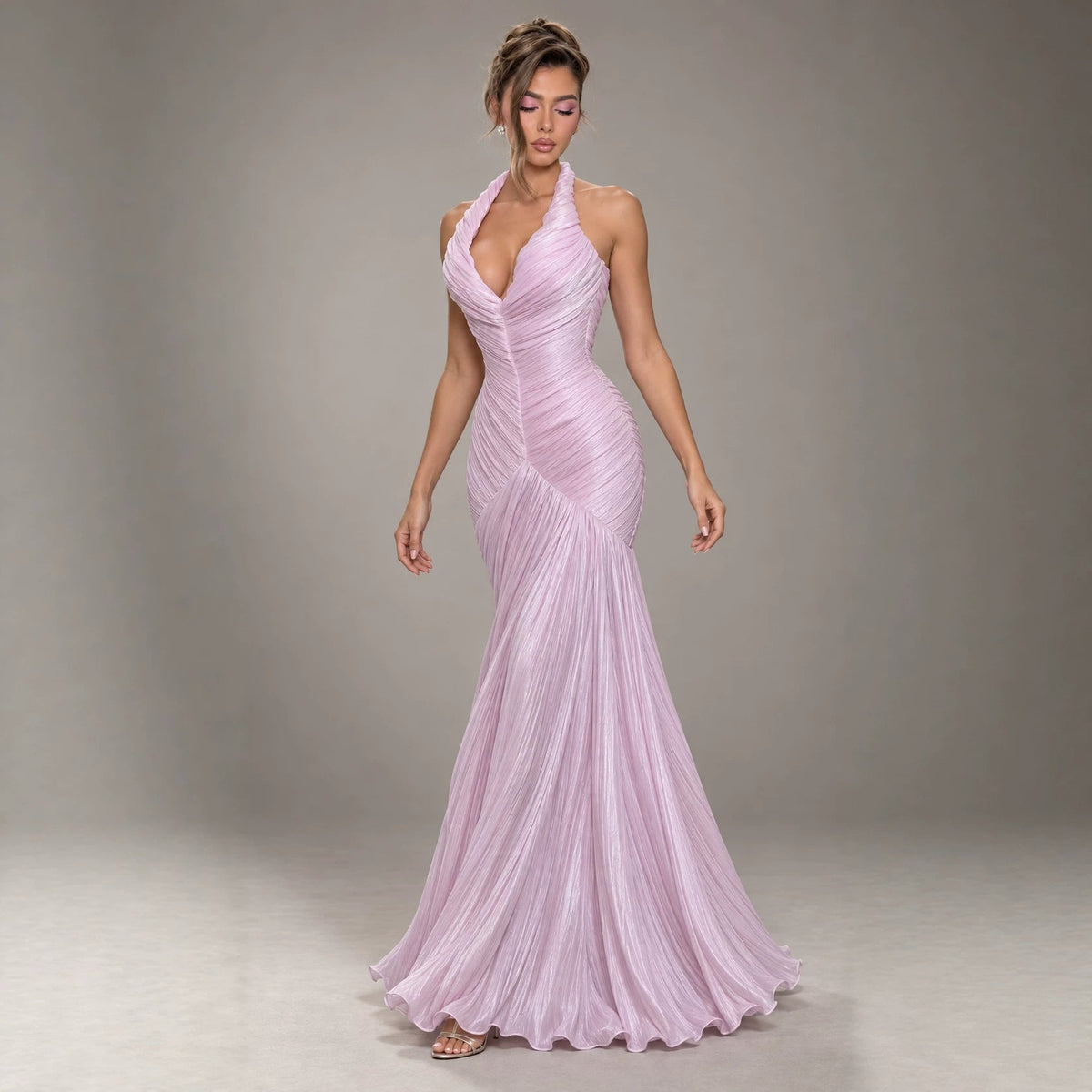 Lilac Halter Neck Pleated Mermaid Gown