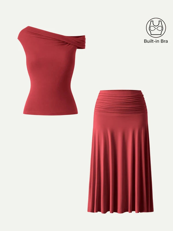 Women's Summer Slim Fit Pleated Skirt Set with Built-in Chest Pads and Off-Shoulder Design