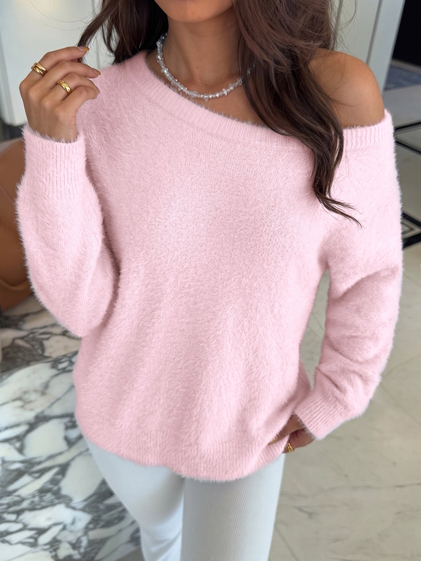 Off-Shoulder Fluffy Knit Oversized Sweater