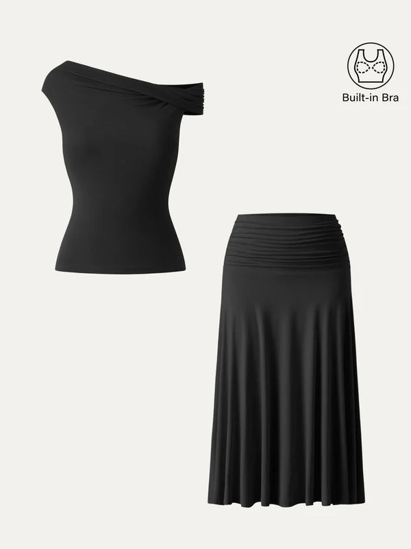 Women's Summer Slim Fit Pleated Skirt Set with Built-in Chest Pads and Off-Shoulder Design