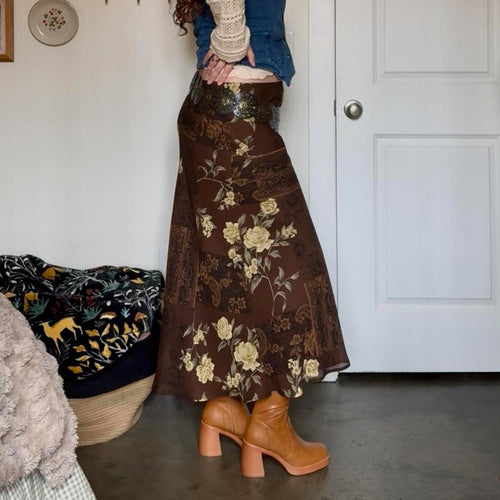 Bohemian Vintage Floral Paisley Patchwork Chiffon Maxi Skirt