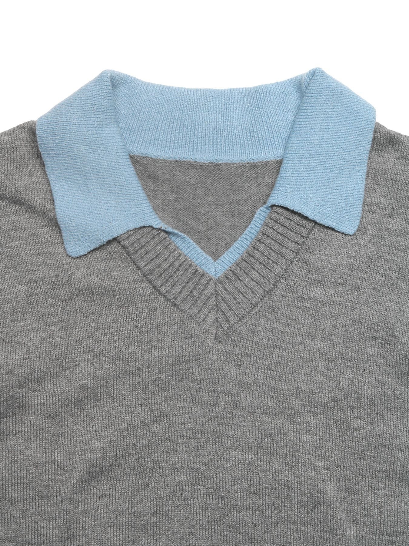 Two-Tone Polo Collar Faux Two-Piece Knit Sweater
