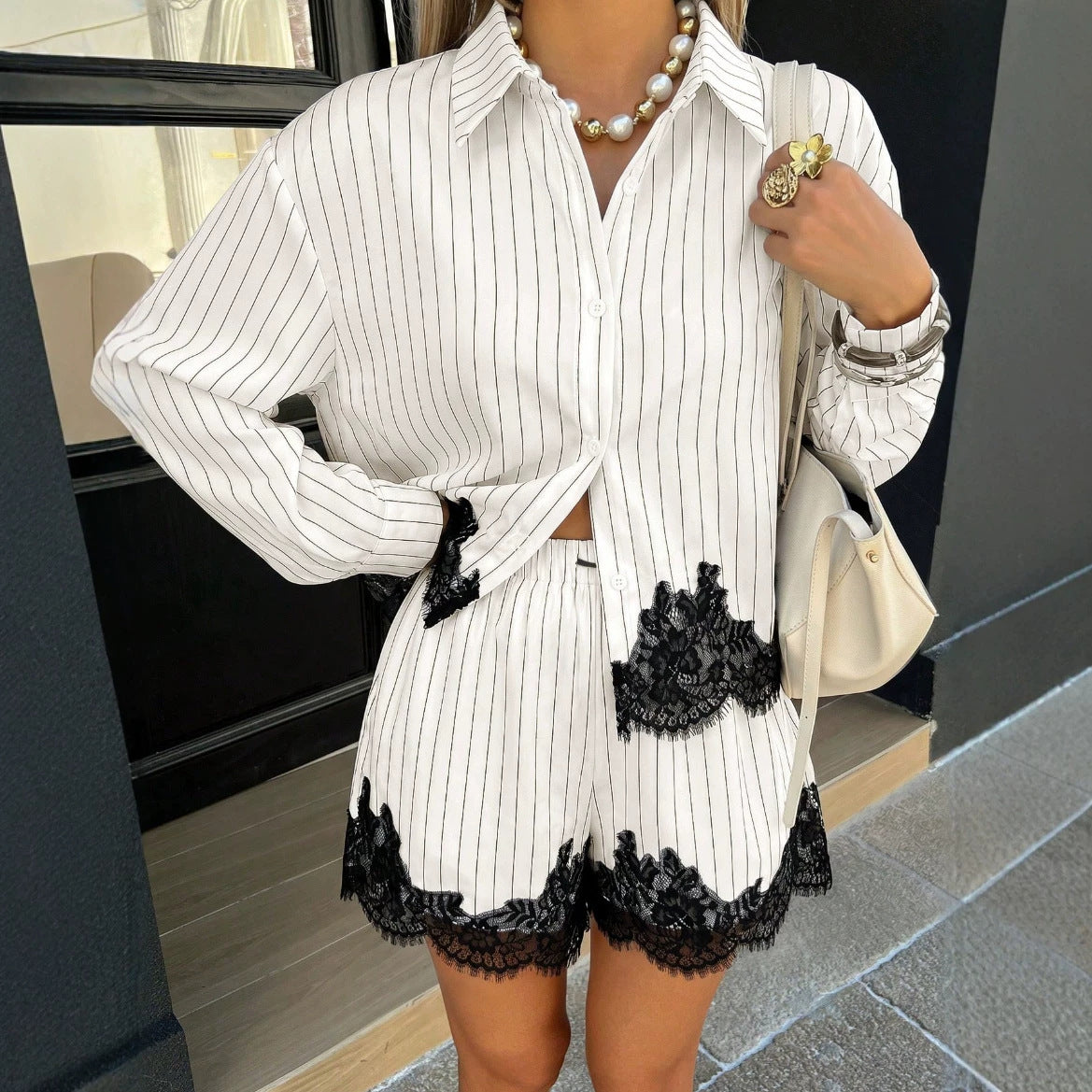 Lace Patchwork Stripes Shirt and Shorts Two-Piece Set