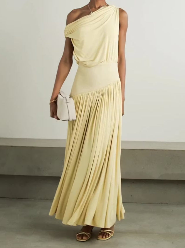 Irregular Diagonal Collar Pleated Solid Color Dress Seaside Dress