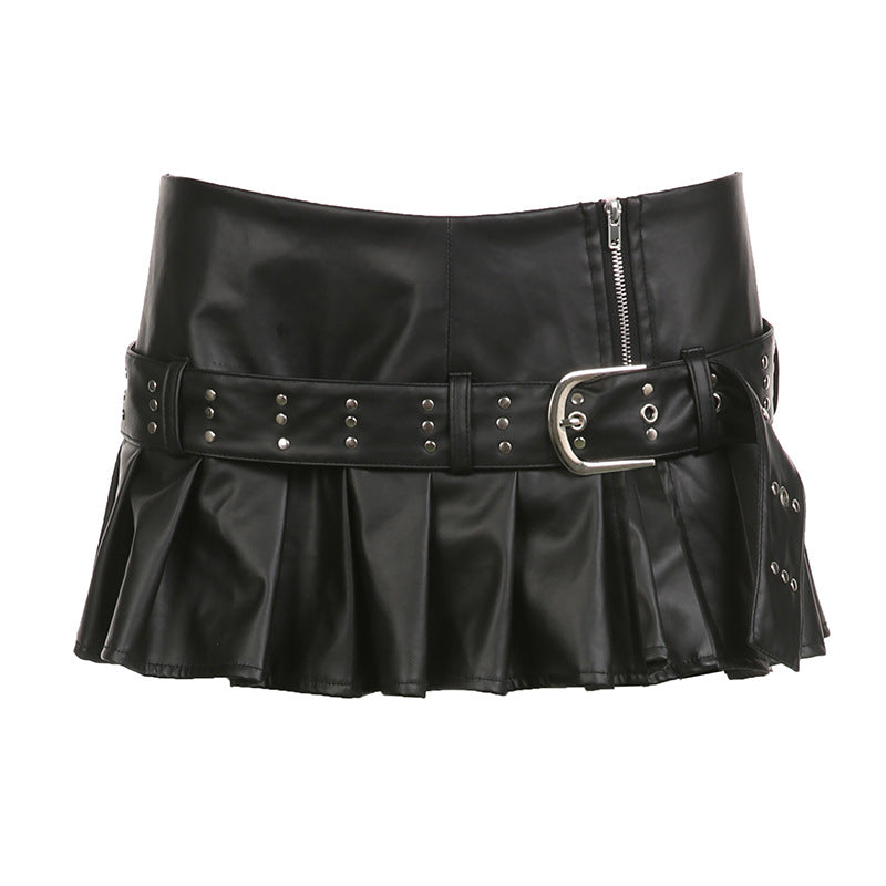 Rivet Belted Pleated PU Leather Mini Skirt