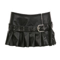Rivet Belted Pleated PU Leather Mini Skirt
