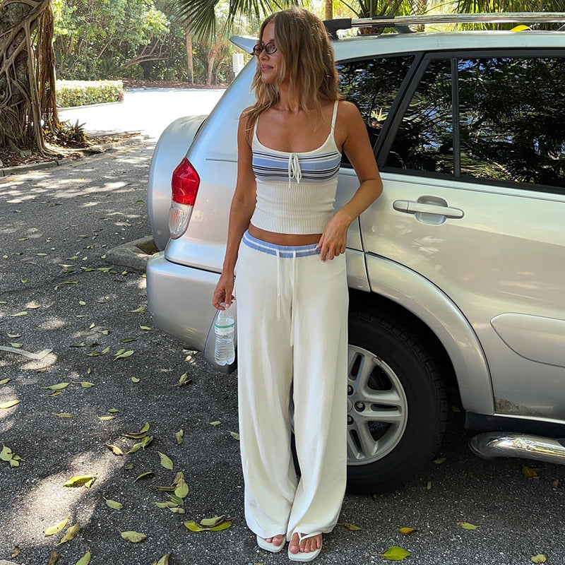 Bohemian Striped Color-Block Knit Cami & Wide-Leg Pants Set