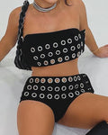 Boho Rhinestone Hollow-Out Circle Bandeau & Shorts Set