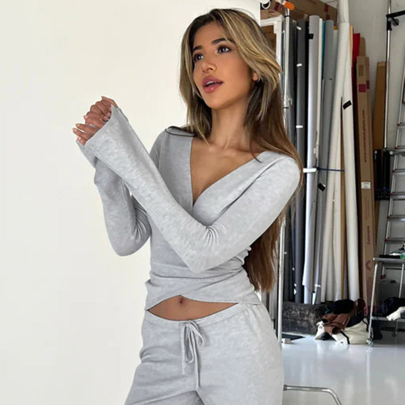 Wrap V-Neck Flare Sleeve Loungewear Wide-Leg Pants Set