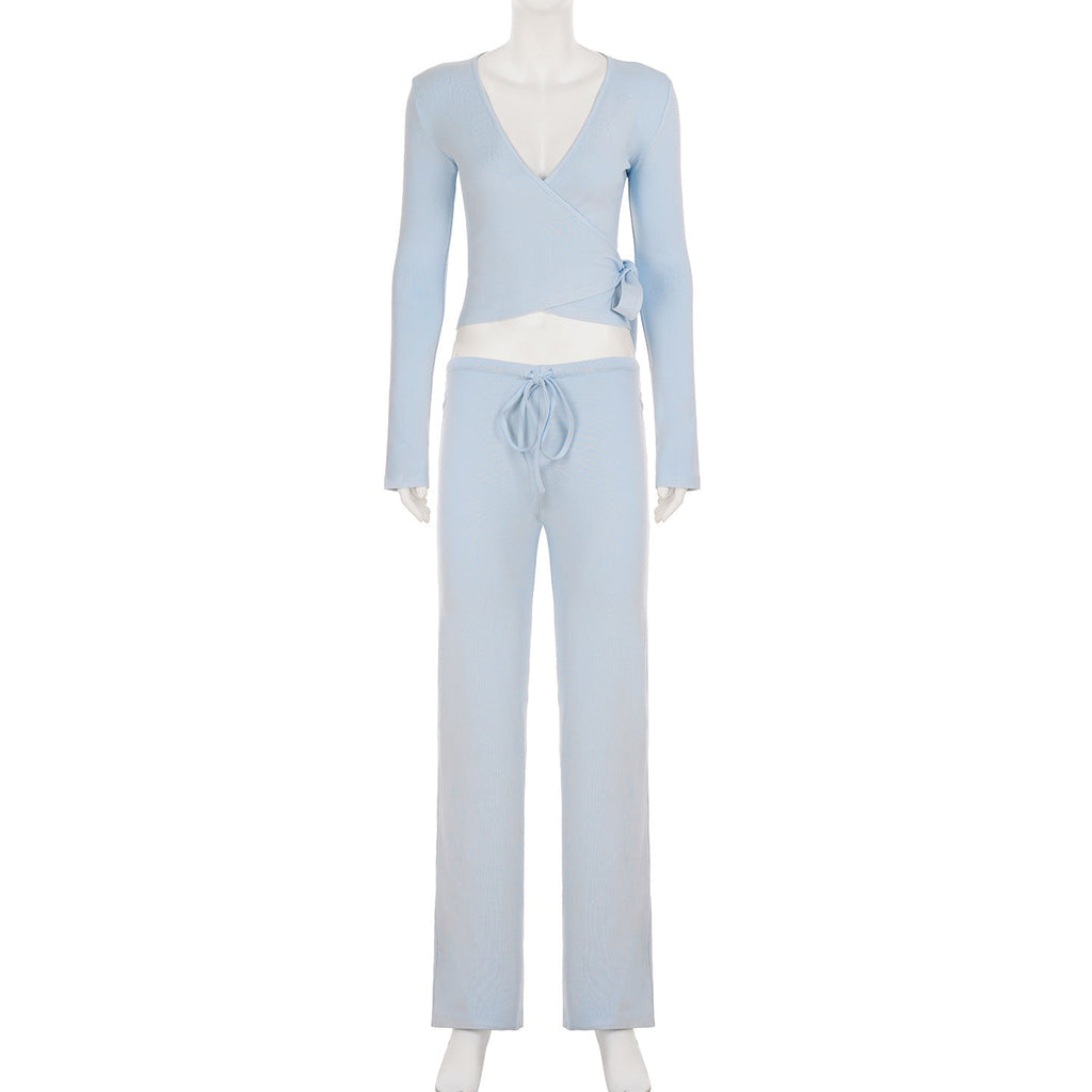 Wrap V-Neck Flare Sleeve Loungewear Wide-Leg Pants Set