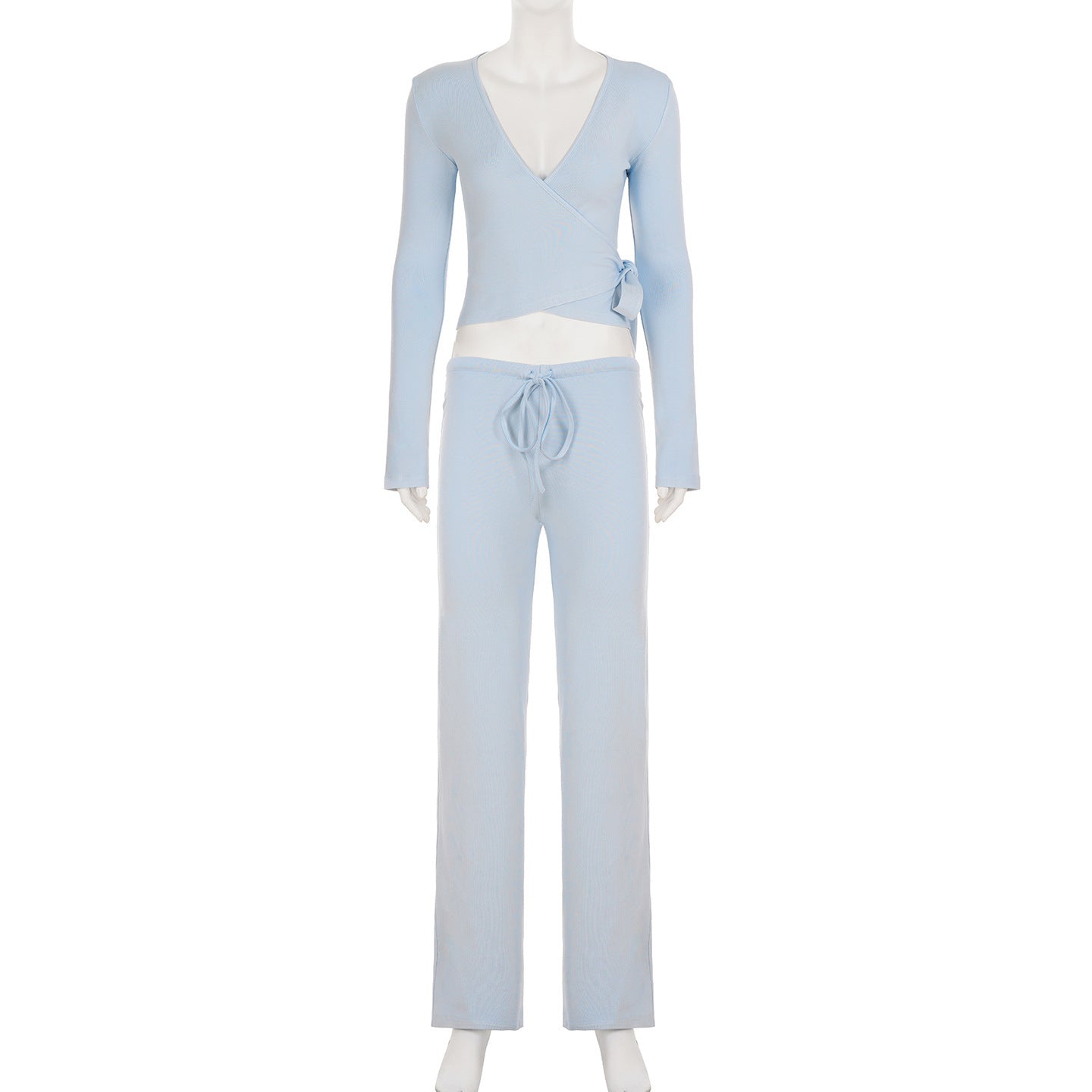 Wrap V-Neck Flare Sleeve Loungewear Wide-Leg Pants Set