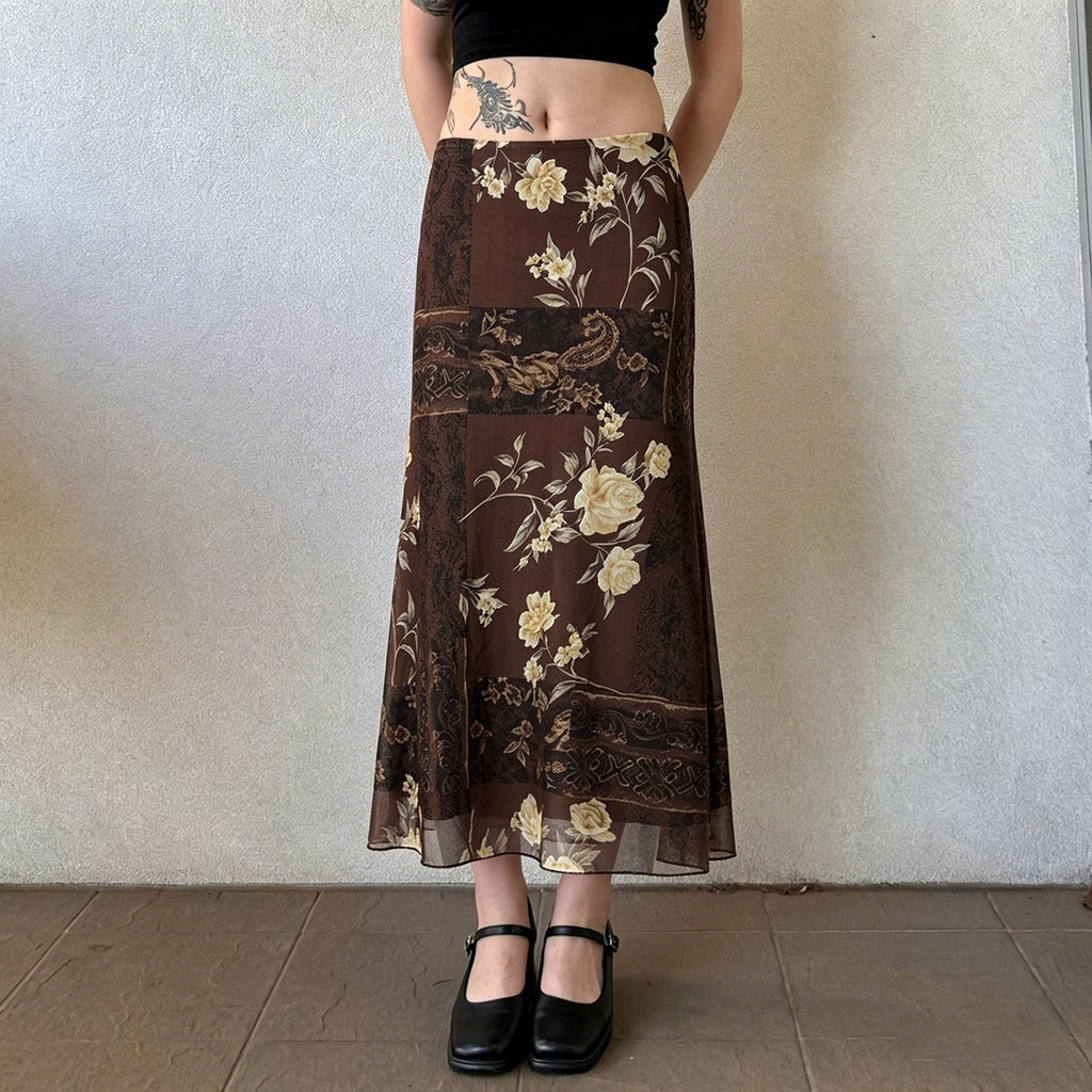 Bohemian Vintage Floral Paisley Patchwork Chiffon Maxi Skirt