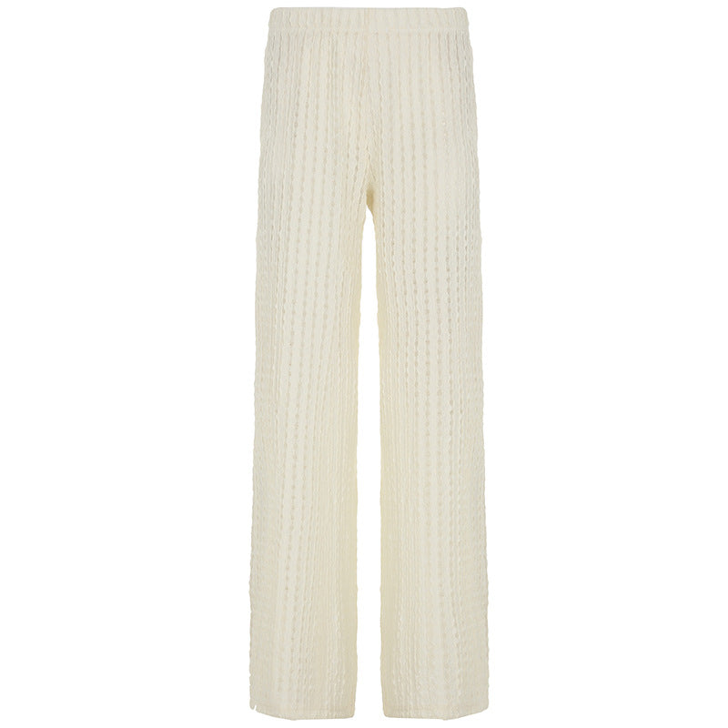 Off-White Textured Crochet Bohemian Wide-Leg Pants