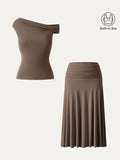 Women's Summer Slim Fit Pleated Skirt Set with Built-in Chest Pads and Off-Shoulder Design