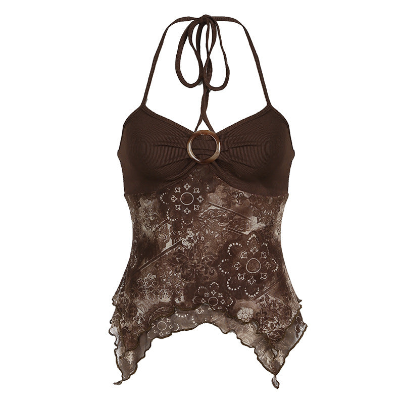 Bohemian Vintage Print Halter Lace Cami Top