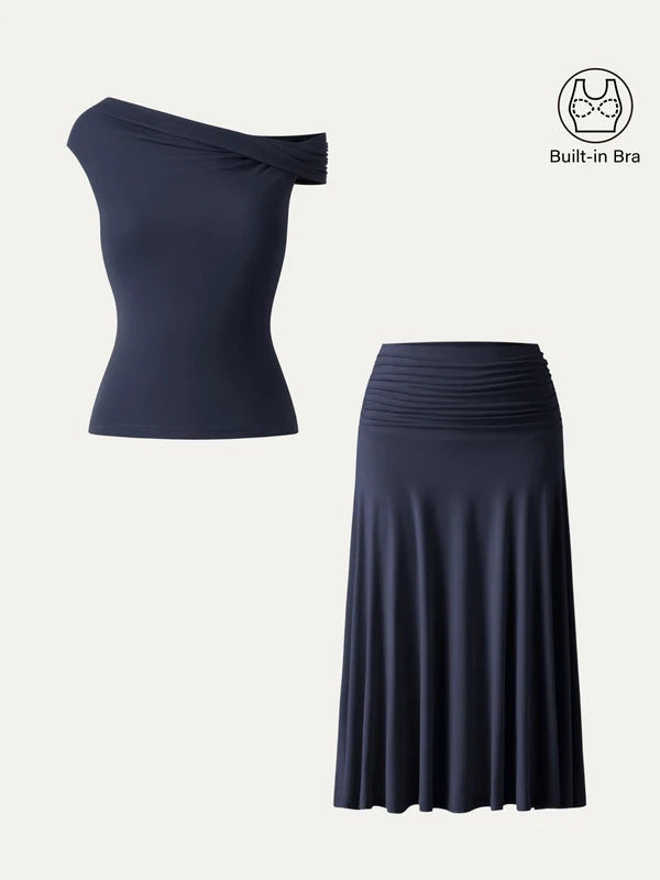 Women's Summer Slim Fit Pleated Skirt Set with Built-in Chest Pads and Off-Shoulder Design