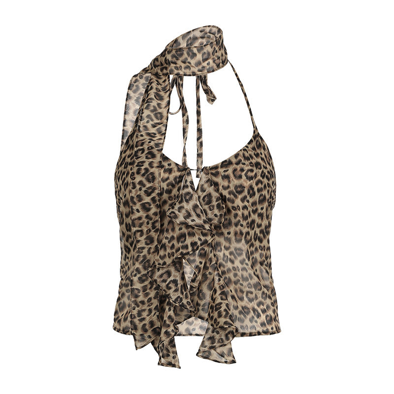 Leopard & Polka Dot Halter Tie Ruffled Top