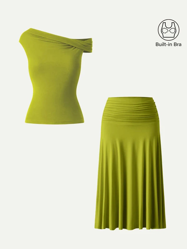 Women's Summer Slim Fit Pleated Skirt Set with Built-in Chest Pads and Off-Shoulder Design