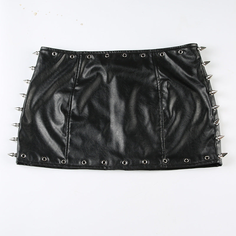 Rivet Belted Pleated PU Leather Mini Skirt