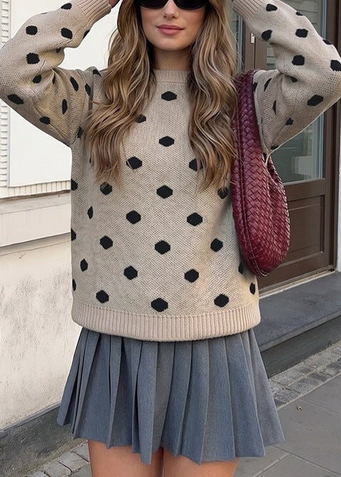 Polka Dot Crew Neck Oversized Knit Sweater