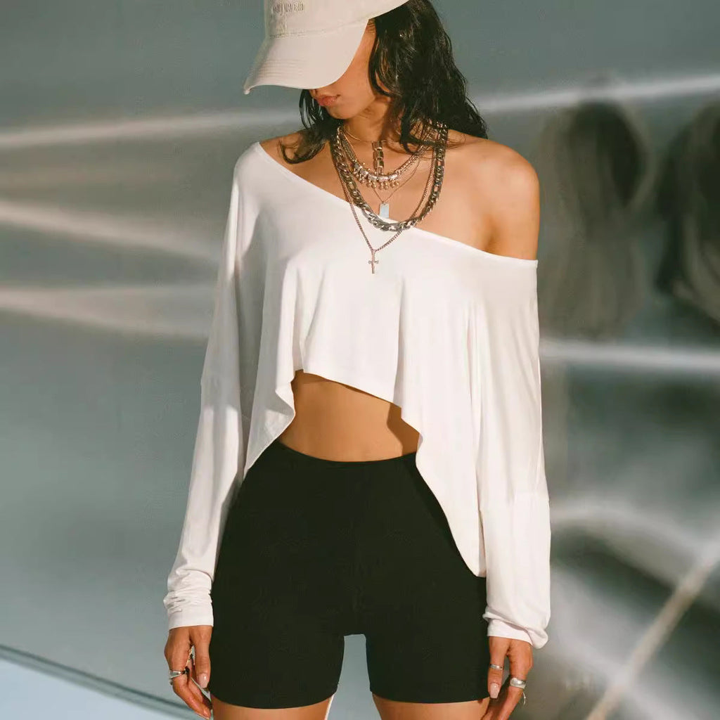 Boho Off-Shoulder Asymmetric Hem Long Sleeve Top Collection
